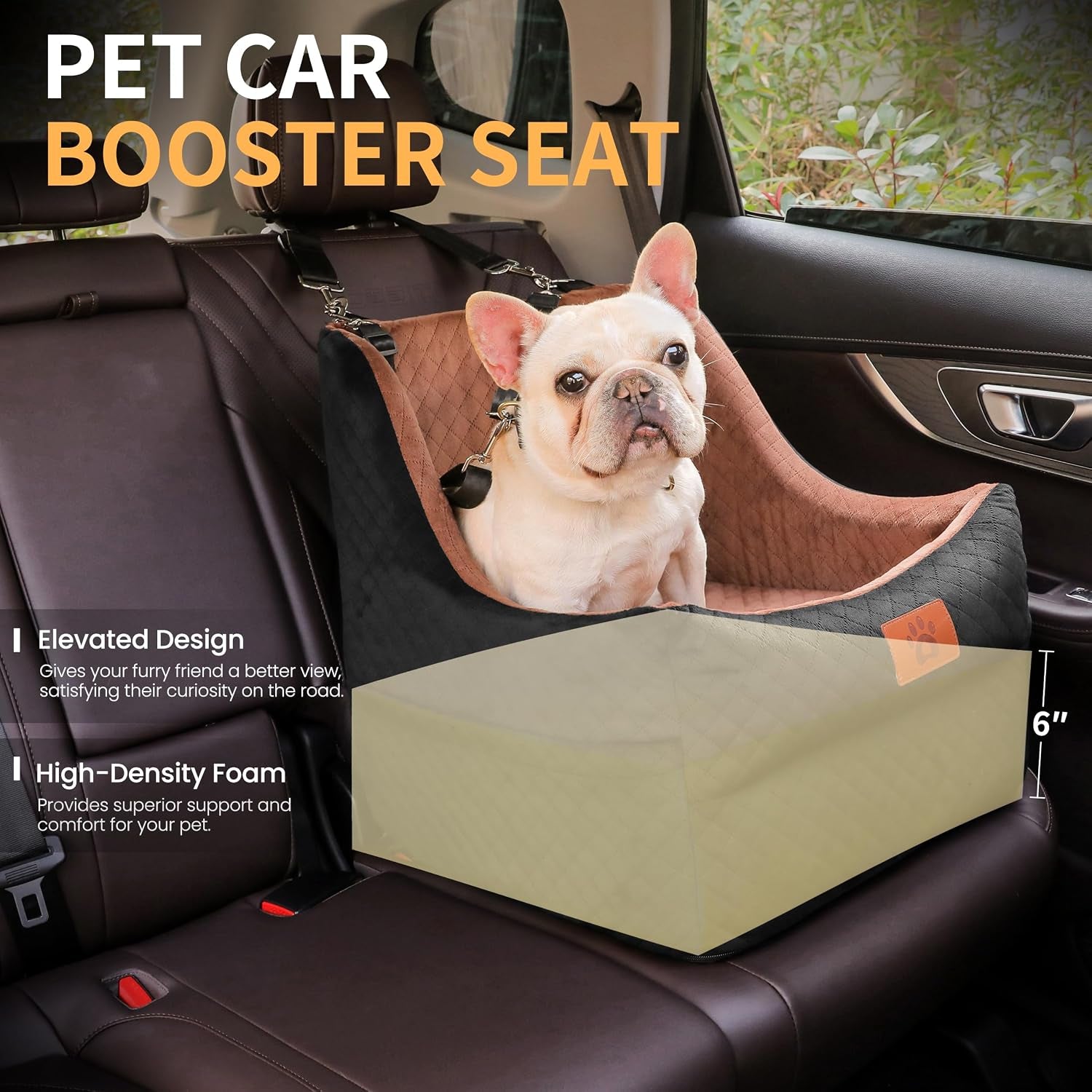 Dog Booster Car Seat for Small to Medium Dogs up to 35 Lbs, Elevated Pet Car Seat with 2 Safety Belts, Detachable Washable Cover, Non-Slip Stable Base, Front/Back Seat Travel Booster