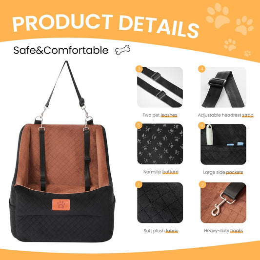 Dog Booster Car Seat for Small to Medium Dogs up to 35 Lbs, Elevated Pet Car Seat with 2 Safety Belts, Detachable Washable Cover, Non-Slip Stable Base, Front/Back Seat Travel Booster
