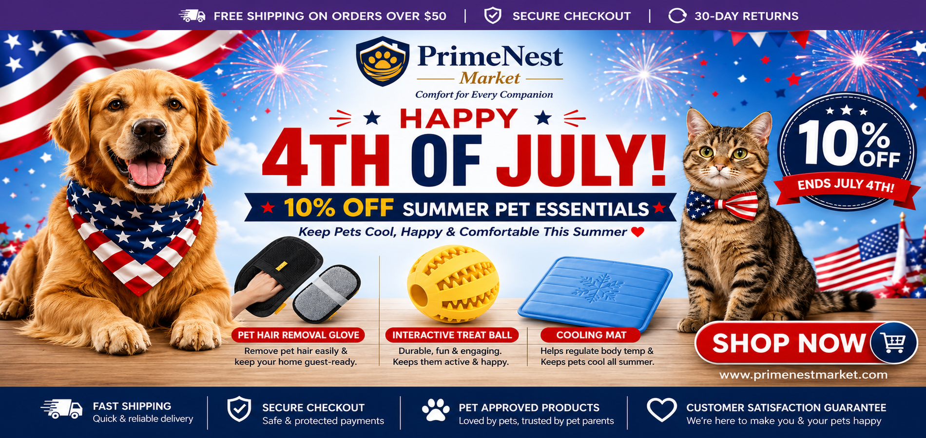 "4th of July Sale Banner – 10% Off Summer Pet Essentials" 