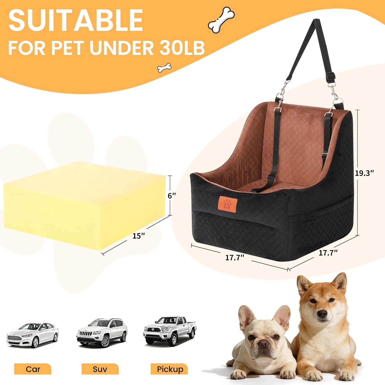 Dog Booster Car Seat for Small to Medium Dogs up to 35 Lbs, Elevated Pet Car Seat with 2 Safety Belts, Detachable Washable Cover, Non-Slip Stable Base, Front/Back Seat Travel Booster