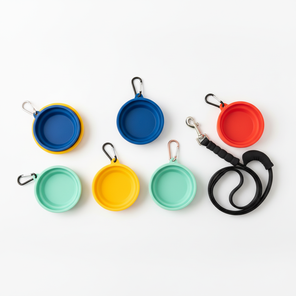 Flat lay of collapsible pet travel bowl collapsed and expanded with carabiner clip