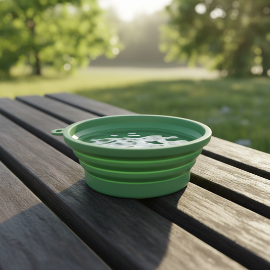 Collapsible pet travel bowl expanded with water on a park bench