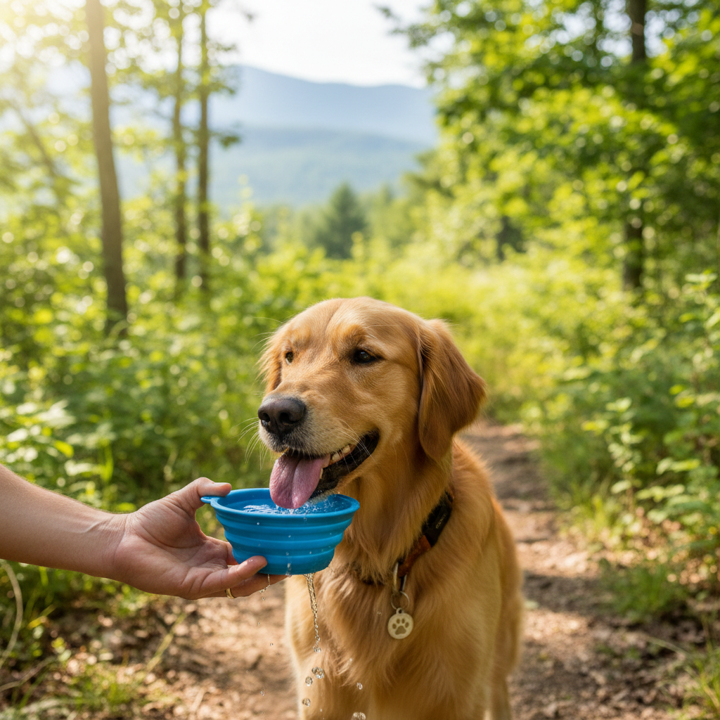 Golden retriever drinking from collapsible travel bowl on a hike